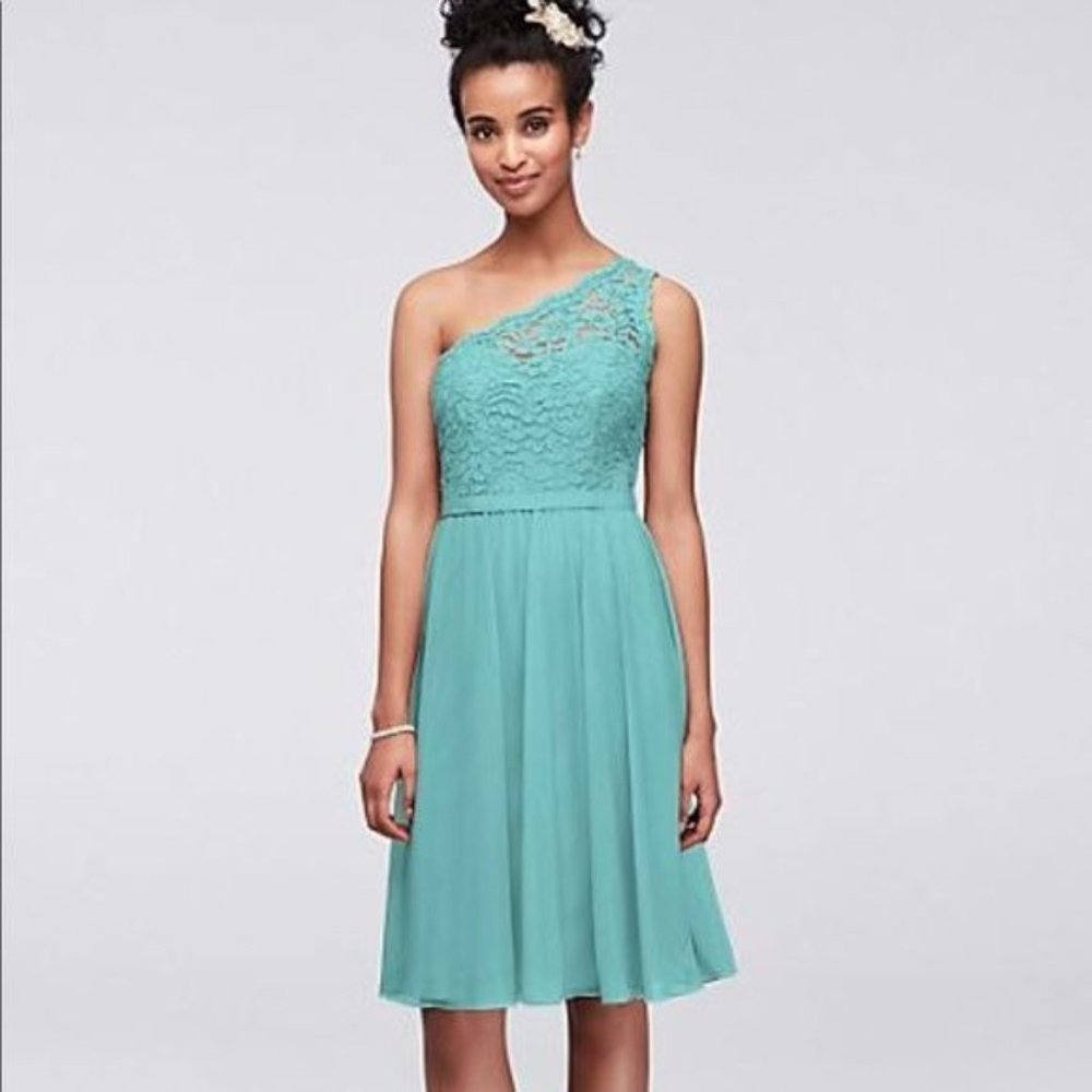 David's Bridal Sz. 10 Extra Length Short One Shoulder Corded Lace Dress In Spa